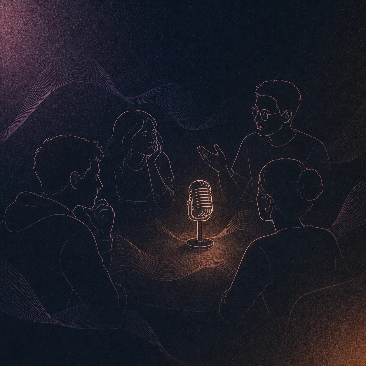 Developers gathered around a classic microphone during a late-night discussion